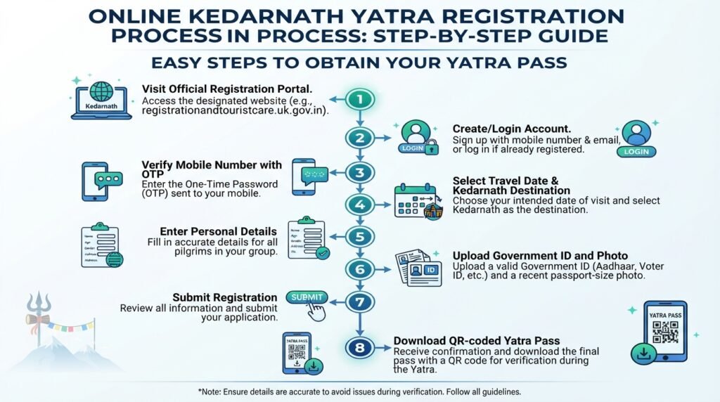 Step-by-step infographic explaining the online Kedarnath Yatra registration process from account creation to downloading the QR-coded Yatra pass.