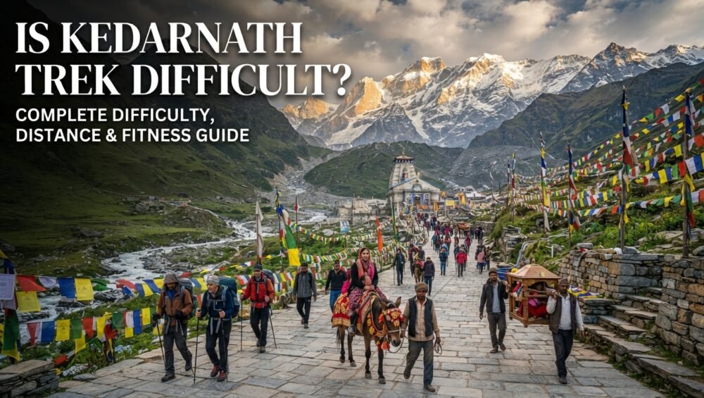 Pilgrims trekking on the Kedarnath trail with Kedarnath Temple and the Himalayan mountains in the background.