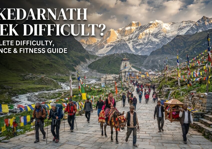 Pilgrims trekking on the Kedarnath trail with Kedarnath Temple and the Himalayan mountains in the background.