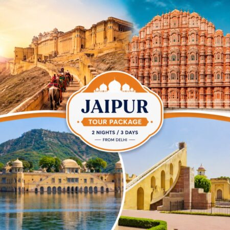 Jaipur Tour Package from Delhi featuring Amber Fort, Hawa Mahal, Jal Mahal, and Jantar Mantar in Jaipur, Rajasthan.
