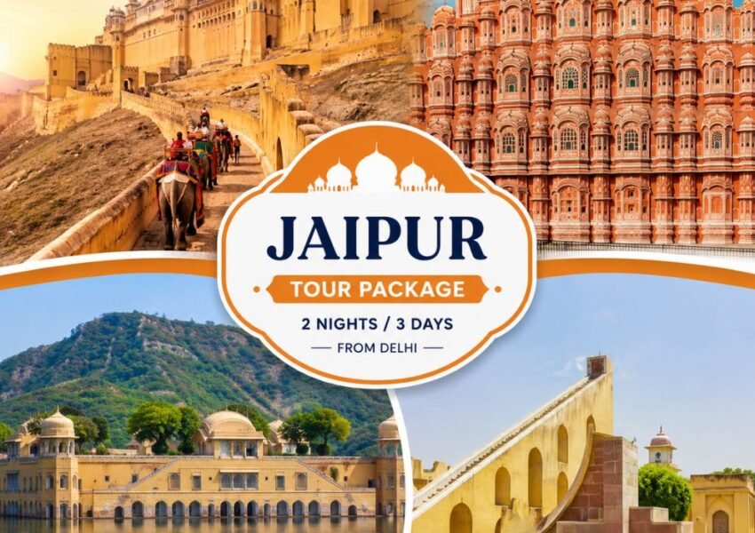 Jaipur Tour Package from Delhi featuring Amber Fort, Hawa Mahal, Jal Mahal, and Jantar Mantar in Jaipur, Rajasthan.