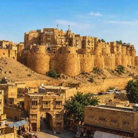 Panoramic view of Jaisalmer Fort (Sonar Quila), the iconic Golden Fort in Rajasthan, showcasing its golden sandstone architecture and surrounding heritage city.