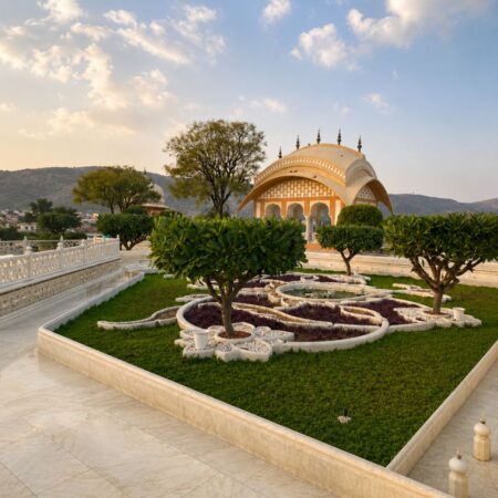 Garden view near Jal Mahal in Jaipur, Rajasthan, featuring landscaped lawns, marble pathways, and traditional Rajput architecture with the Aravalli Hills in the background.