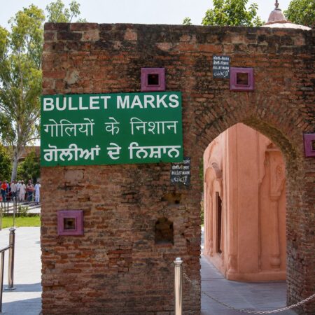Historic bullet marks preserved on the memorial wall at Jallianwala Bagh in Amritsar, commemorating the 1919 Jallianwala Bagh Massacre.