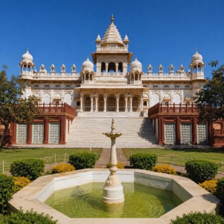 Front view of Jaswant Thada in Jodhpur, Rajasthan, featuring its white marble architecture, grand staircase, landscaped gardens, and central fountain under a clear blue sky.