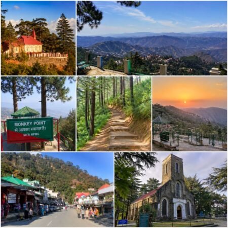 Collage of Kasauli tourist attractions including Christ Church, Monkey Point, Gilbert Nature Trail, Sunset Point, Mall Road, and scenic mountain views in Himachal Pradesh.