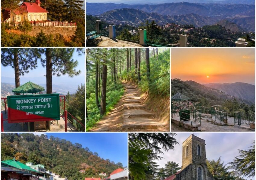 Collage of Kasauli tourist attractions including Christ Church, Monkey Point, Gilbert Nature Trail, Sunset Point, Mall Road, and scenic mountain views in Himachal Pradesh.