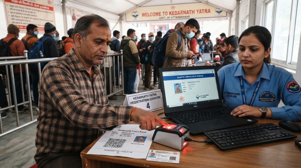 Pilgrim completing biometric verification for Kedarnath Yatra registration using a fingerprint scanner at an official registration centre.