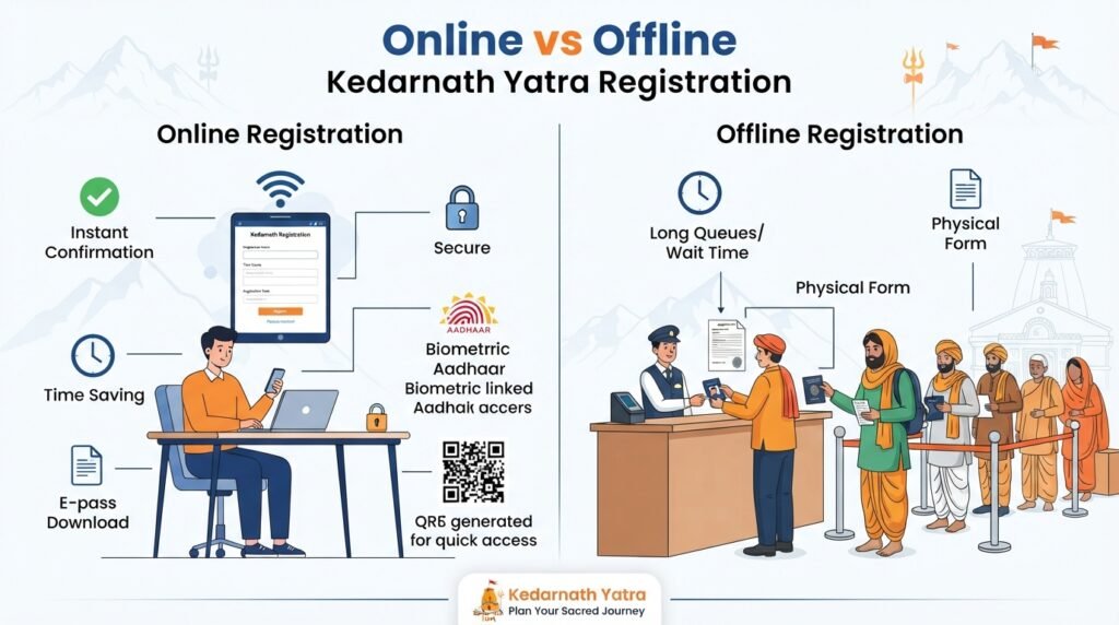 Comparison infographic highlighting the differences between online and offline Kedarnath Yatra registration methods