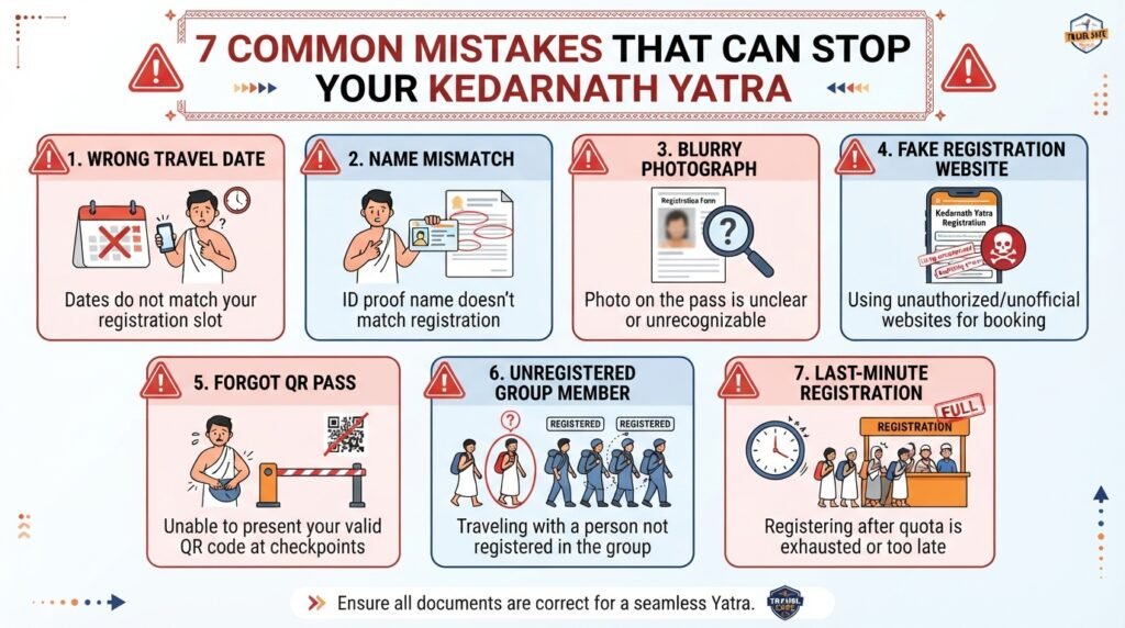 Infographic explaining the seven common registration mistakes that can lead to denial at the Kedarnath Yatra checkpost.