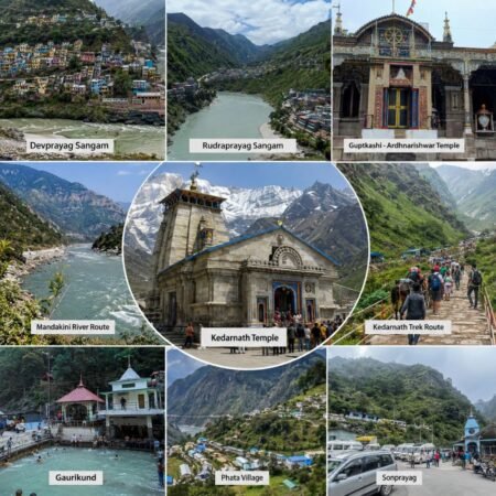 Collage of Kedarnath Temple, Devprayag Sangam, Rudraprayag, Gaurikund, Sonprayag, Phata Village, Mandakini River, and Kedarnath Trek Route covered in the Kedarnath Tour Package from Rishikesh.