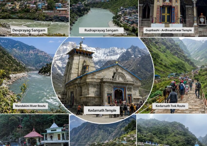Collage of Kedarnath Temple, Devprayag Sangam, Rudraprayag, Gaurikund, Sonprayag, Phata Village, Mandakini River, and Kedarnath Trek Route covered in the Kedarnath Tour Package from Rishikesh.