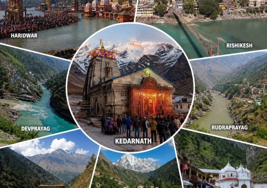 Kedarnath Tour Package from Surat featuring Kedarnath Temple, Haridwar Ganga Aarti, Rishikesh, Devprayag Sangam, Rudraprayag, Phata, Guptkashi, and Gaurikund.