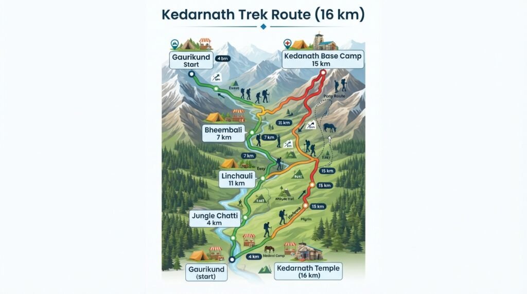Infographic showing the 16 km Kedarnath trek route from Gaurikund to Kedarnath Temple via Jungle Chatti, Bheembali, Linchauli, and Base Camp.