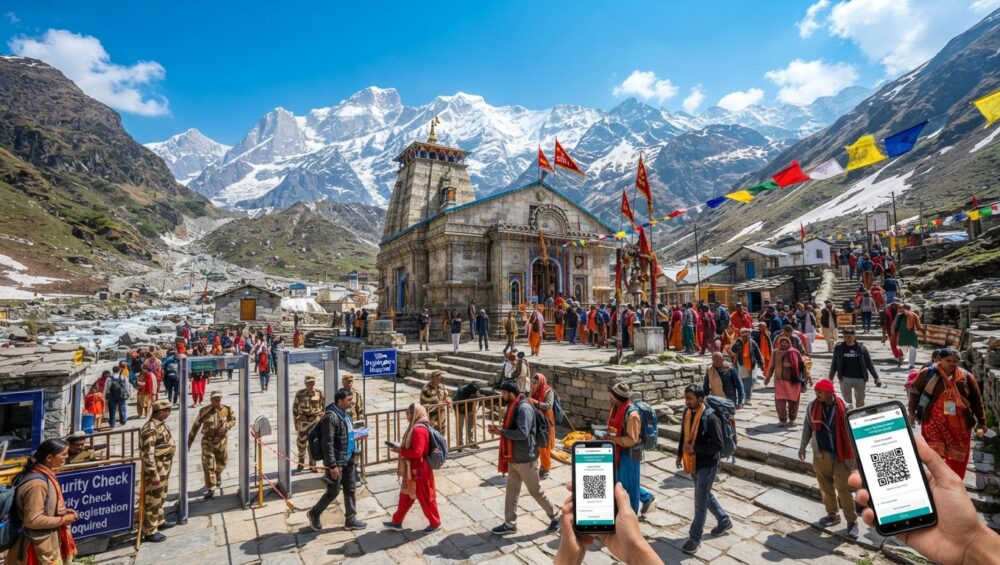 Pilgrims walking towards Kedarnath Temple with the Himalayan mountains during the 2026 Kedarnath Yatra registration season.