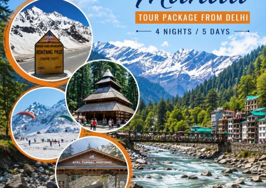 Scenic collage of Manali Tour Package from Delhi featuring Hadimba Devi Temple, Solang Valley, Rohtang Pass, Atal Tunnel, and the Beas River in Himachal Pradesh.