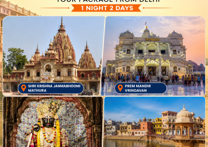 Mathura Vrindavan Tour Package from Delhi featuring Shri Krishna Janmabhoomi, Prem Mandir, Banke Bihari Temple, and Vishram Ghat in Uttar Pradesh.