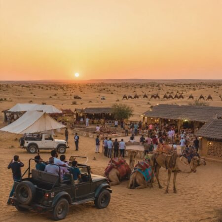 Visitors enjoying a Jeep Safari and Camel Safari at Osian Desert near Jodhpur, Rajasthan during sunset with golden sand dunes, desert camp, and traditional Rajasthani cultural experience.