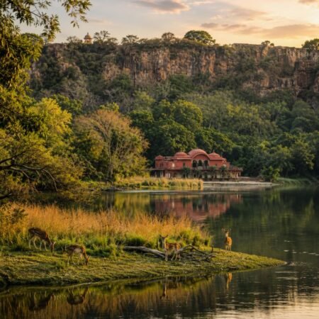 Scenic view of Padam Talao with Jogi Mahal and spotted deer along the lakeshore in Ranthambore National Park, Sawai Madhopur, Rajasthan.