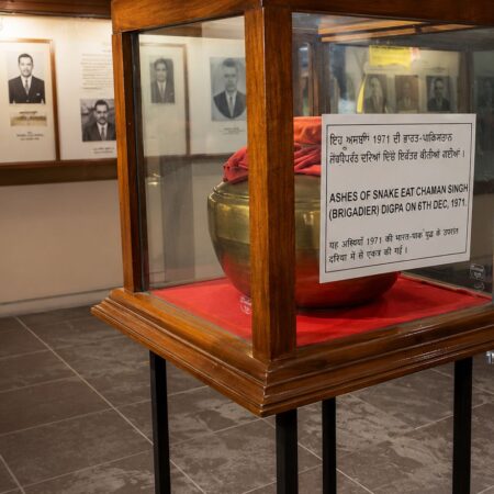 Display case containing the ashes of Shaheed Udham Singh at the Partition Museum in Amritsar, Punjab.
