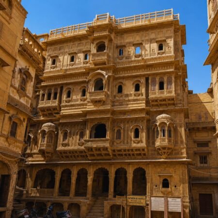 Front view of Patwon Ki Haveli in Jaisalmer, Rajasthan, showcasing its intricate golden sandstone carvings, ornate balconies, and historic Rajput architecture.