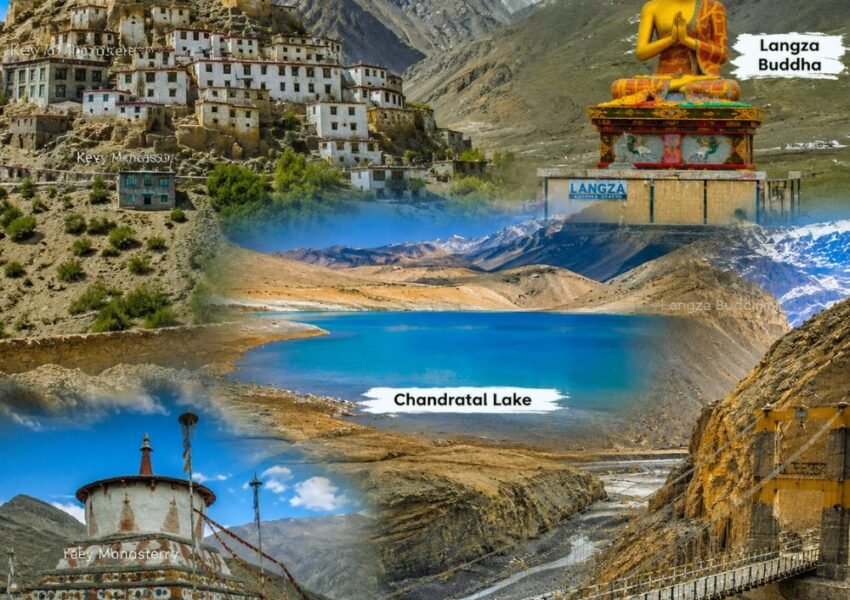 Collage of Spiti Valley Tour Package from Delhi featuring Key Monastery, Langza Buddha, Tabo Monastery, Chandratal Lake, and Chicham Bridge in Himachal Pradesh.