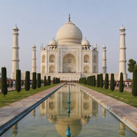Front view of the Taj Mahal in Agra with the reflecting pool and Mughal gardens, featured in the Agra Tour Package from Delhi.