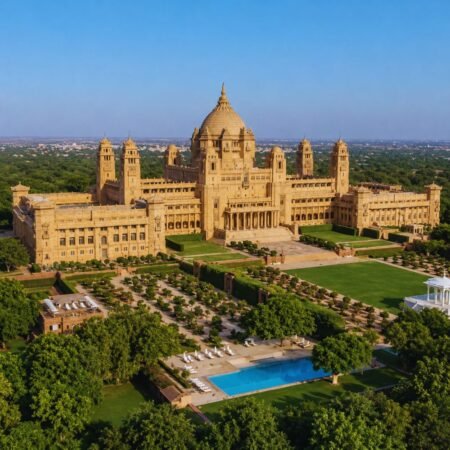 Aerial view of Umaid Bhawan Palace Museum in Jodhpur, Rajasthan, showcasing its grand sandstone architecture, landscaped gardens, and iconic central dome.