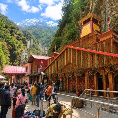 Pilgrims visiting the main entrance of Yamunotri Temple surrounded by the Himalayan mountains in Uttarakhand.