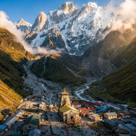 Kedarnath Temple surrounded by snow-covered Himalayan peaks and the Mandakini valley
