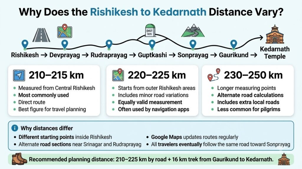 Infographic explaining why the Rishikesh to Kedarnath distance varies between 210 km and 225 km depending on the starting point and road route.
