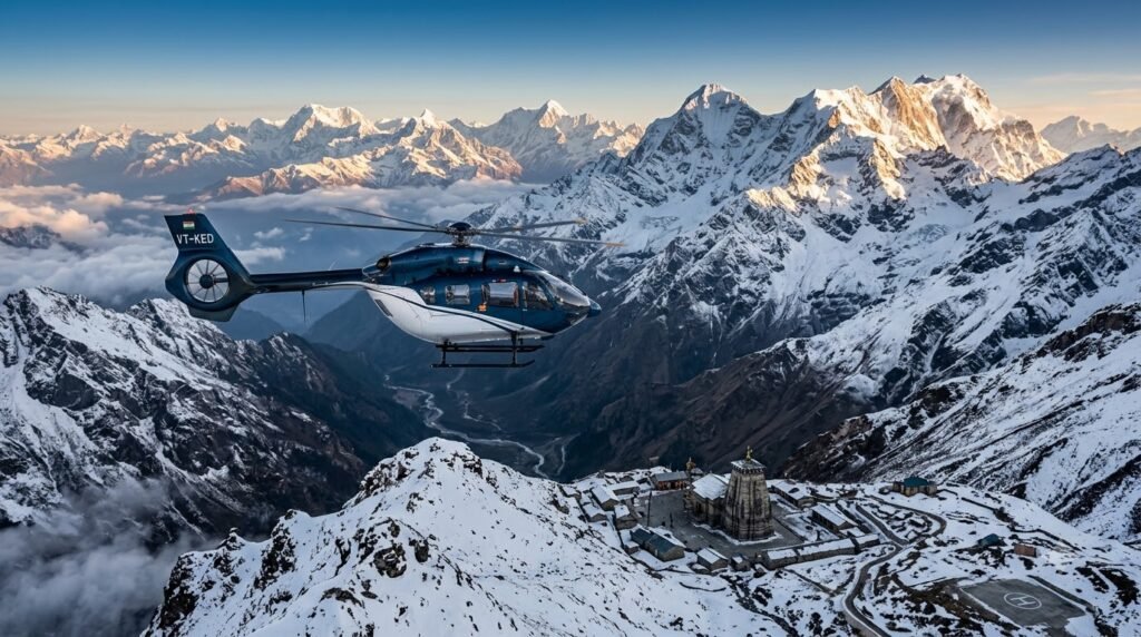 Helicopter flying above the Himalayan mountains toward Kedarnath Temple from the Phata, Sirsi, or Guptkashi helipad.