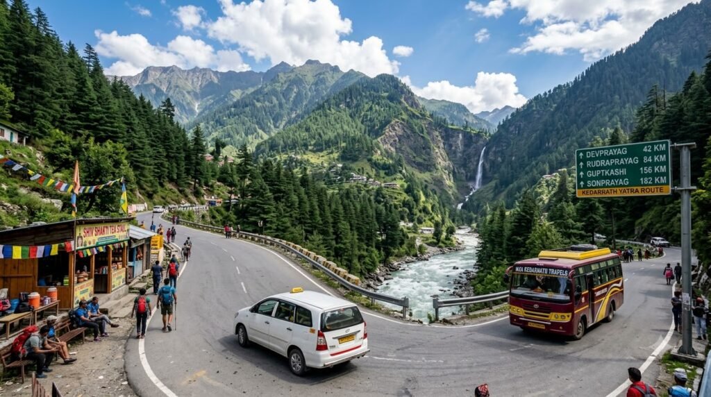Tourist bus and taxi driving on the scenic Himalayan road from Rishikesh toward Kedarnath through the Mandakini Valley.