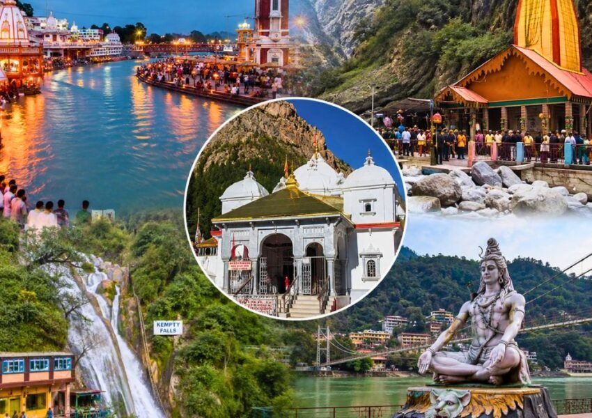 Collage of Yamunotri Tour Package from Delhi featuring Har Ki Pauri Ganga Aarti, Yamunotri Temple, Kempty Falls and Rishikesh along the Char Dham Yatra route.