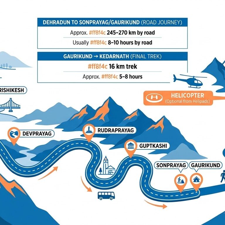 Dehradun to Kedarnath route showing road distance, travel time and the final 16 km trek from Gaurikund to Kedarnath Temple.