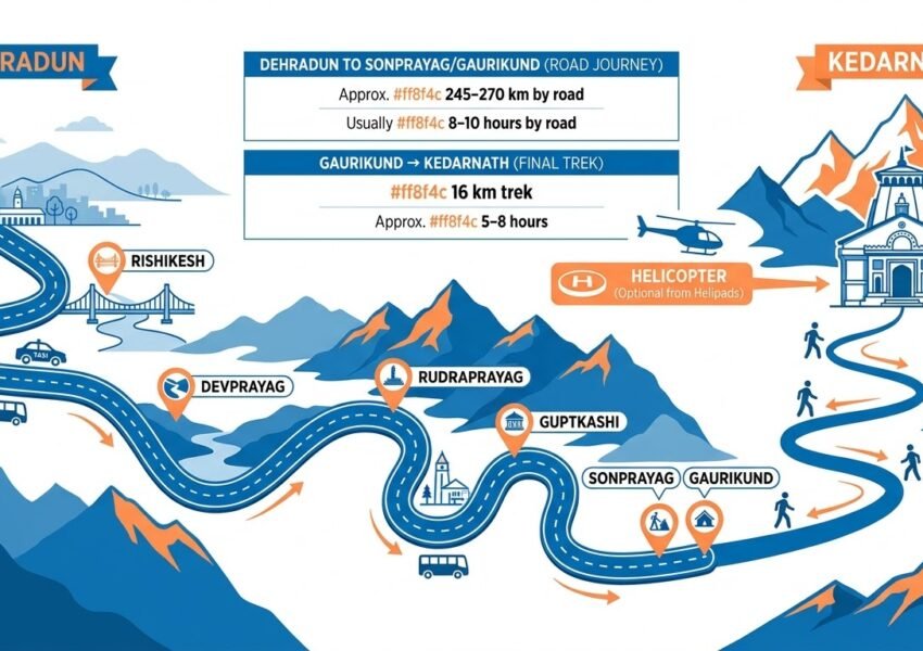 Dehradun to Kedarnath route showing road distance, travel time and the final 16 km trek from Gaurikund to Kedarnath Temple.