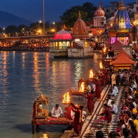 Evening Ganga Aarti at Har Ki Pauri in Haridwar with priests, devotees and illuminated temples beside the Ganges