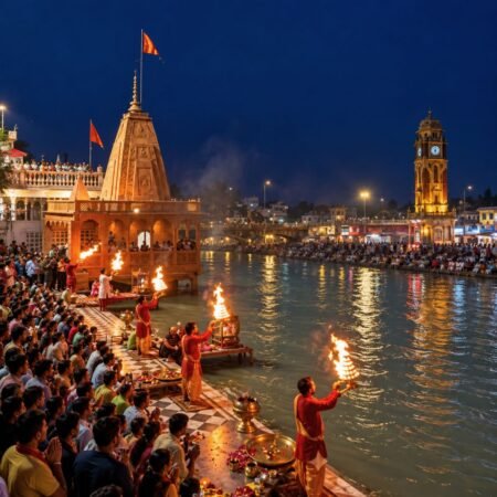 Har Ki Pauri Ganga Aarti in Haridwar with priests performing evening prayers beside the Ganges