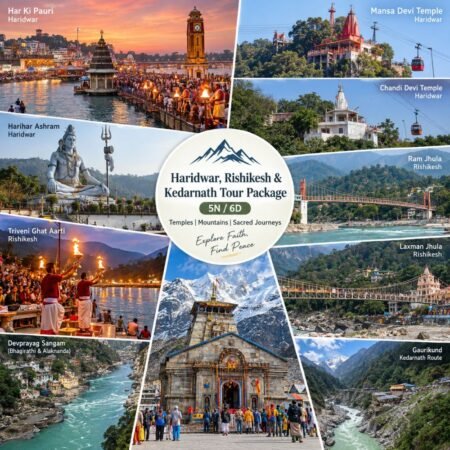 Haridwar Rishikesh Kedarnath Tour Package featuring Har Ki Pauri, Rishikesh bridges and Kedarnath Temple