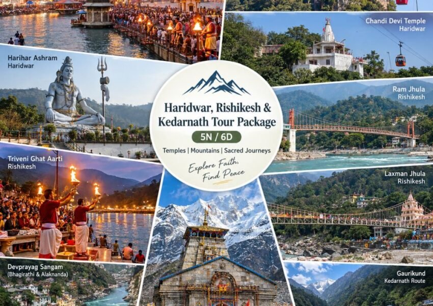 Haridwar Rishikesh Kedarnath Tour Package featuring Har Ki Pauri, Rishikesh bridges and Kedarnath Temple