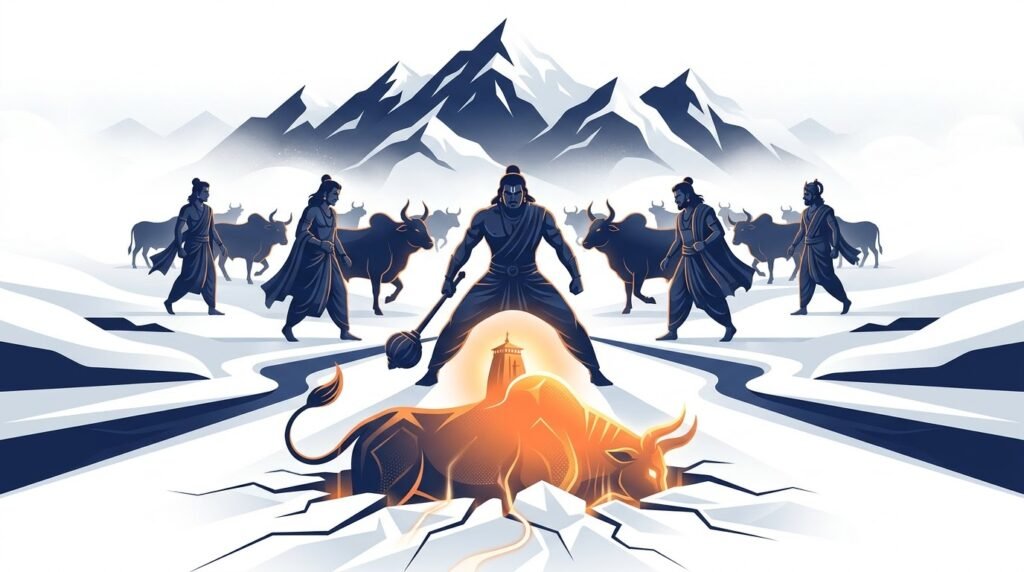 Bhima and the Pandavas discovering Lord Shiva in the form of a bull in the Himalayas