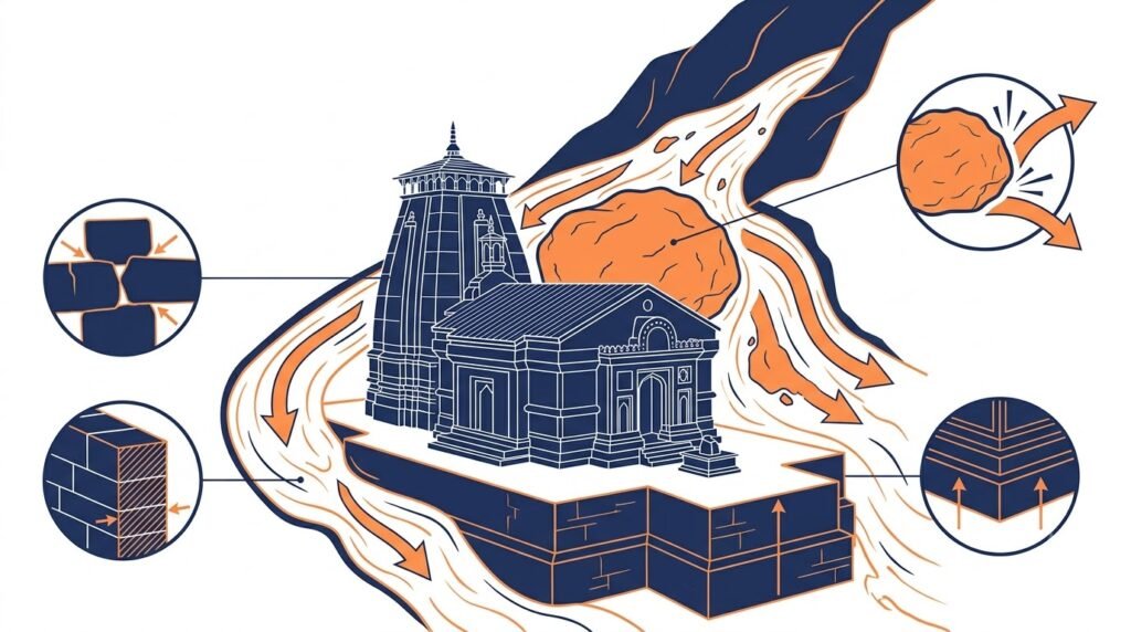 Illustration showing Kedarnath Temple, Bhim Shila and flood debris during the 2013 Uttarakhand floods