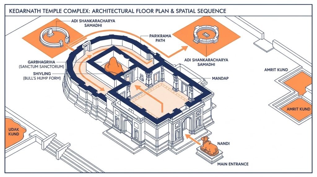 Detailed architectural layout of Kedarnath Temple showing Nandi, Mandap, Garbhagriha and Parikrama path
