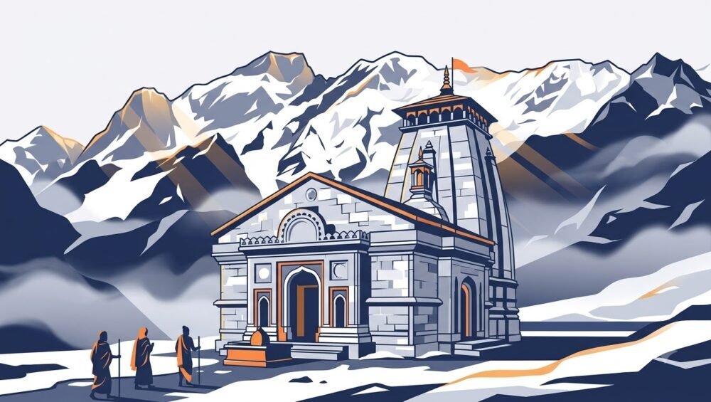Kedarnath Temple surrounded by snow-covered Himalayan peaks in Uttarakhand