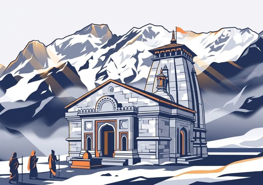 Kedarnath Temple surrounded by snow-covered Himalayan peaks in Uttarakhand