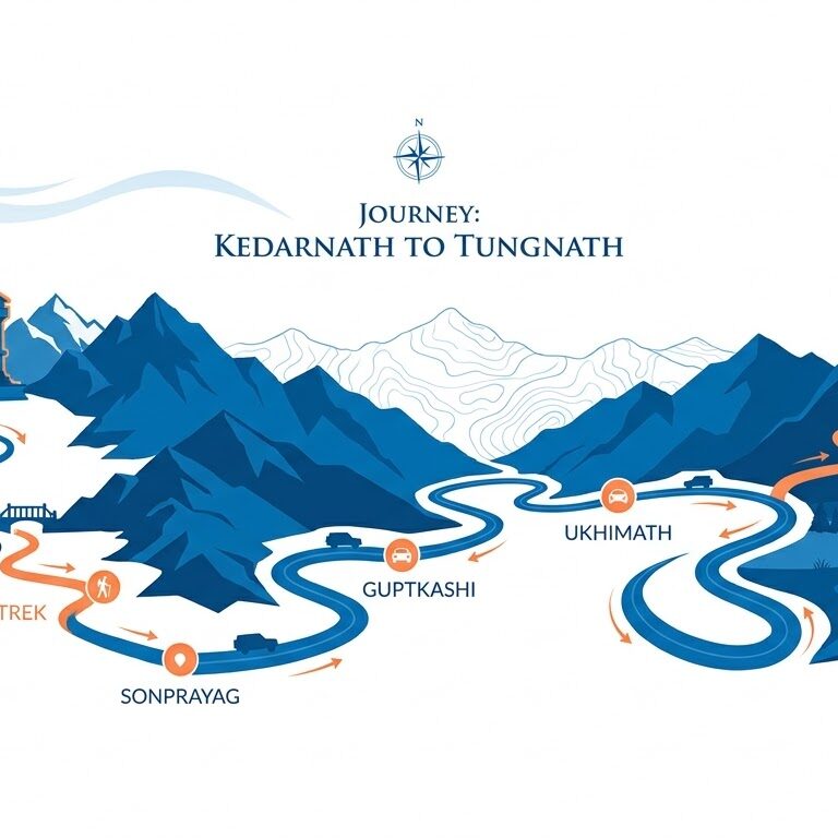 Kedarnath to Tungnath journey showing the trek from Kedarnath to Gaurikund, road route to Chopta and trek to Tungnath