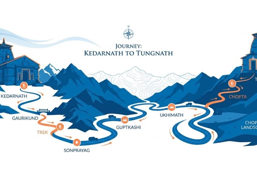 Kedarnath to Tungnath journey showing the trek from Kedarnath to Gaurikund, road route to Chopta and trek to Tungnath